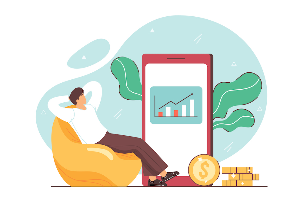 Passive income and market investing flat vector illustration. Investor man relax in chair and get money profits, stock dividends. Remote freelance work or trading online. Financial freedom concept.